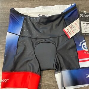 Zoot Performance Tri Shorts in Black, Red, and Blue size small